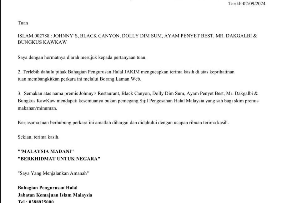 Penjelasan Isu Tular Mengenai Surat Maklum Balas JAKIM Berkaitan Isu Status Halal Premis Makanan