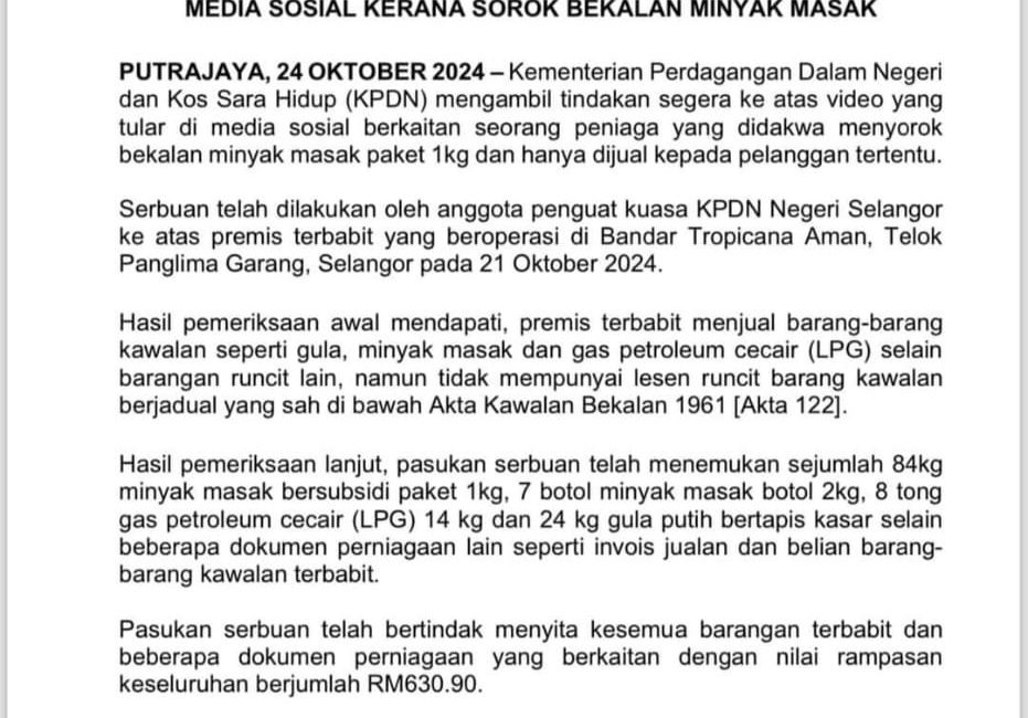 KPDN Bertindak Ke Atas Premis Yang Tular Di Media Sosial Kerana Sorok Minyak Masak