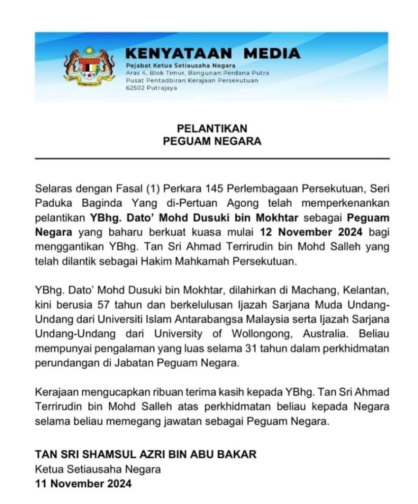 Pelantikan YBhg. Dato’ Mohd Dusuki Bin Mokhtar Sebagai Peguam Negara Yang Baharu.