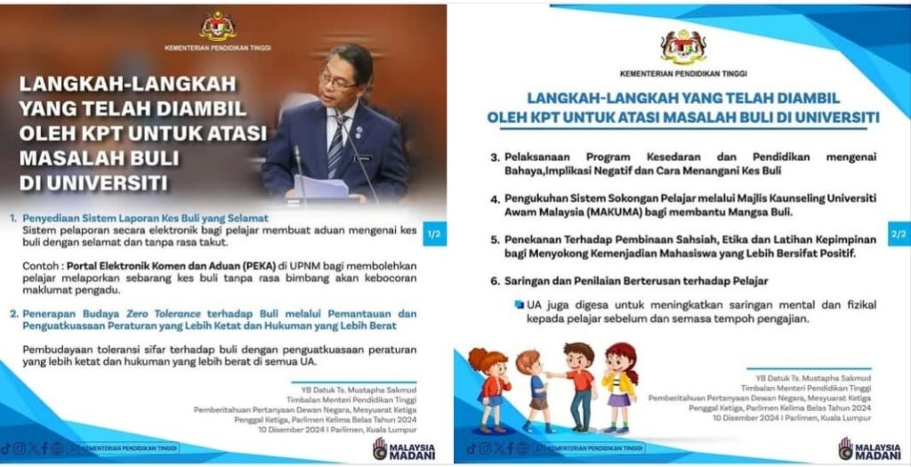 KPT Telah Menetapkan Langkah-Langkah Bagi Mengatasi Masalah Buli Di Universiti.