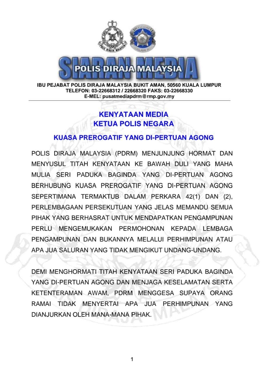Rakyat Digesa Tidak Menyertai Sebarang Perhimpunan Yang Dianjurkan Oleh Mana-Mana Pihak.