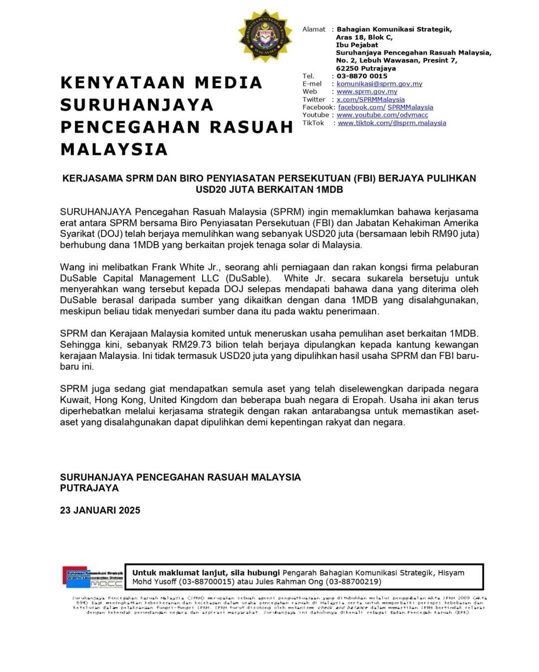 Kerja SPRM Dan FBI Berjaya Pulihkan USD20 Juta Berkaitan1MDB.