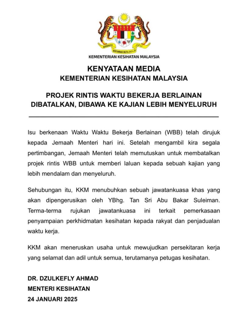 Projek Rintis Waktu Berkerja Berlainan Waktu Dibatalkan Untuk Dibawa Kepada Kajian Menyeluruh.