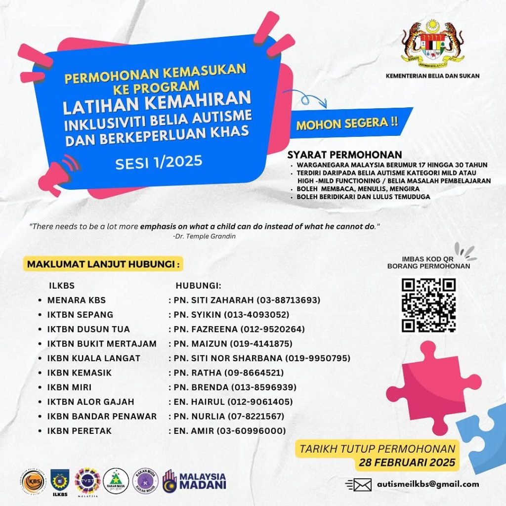 Pelawaan Untuk Menyertai Program Latihan Kemahiran Inklusiviti Khas Untuk Belia Autisme.