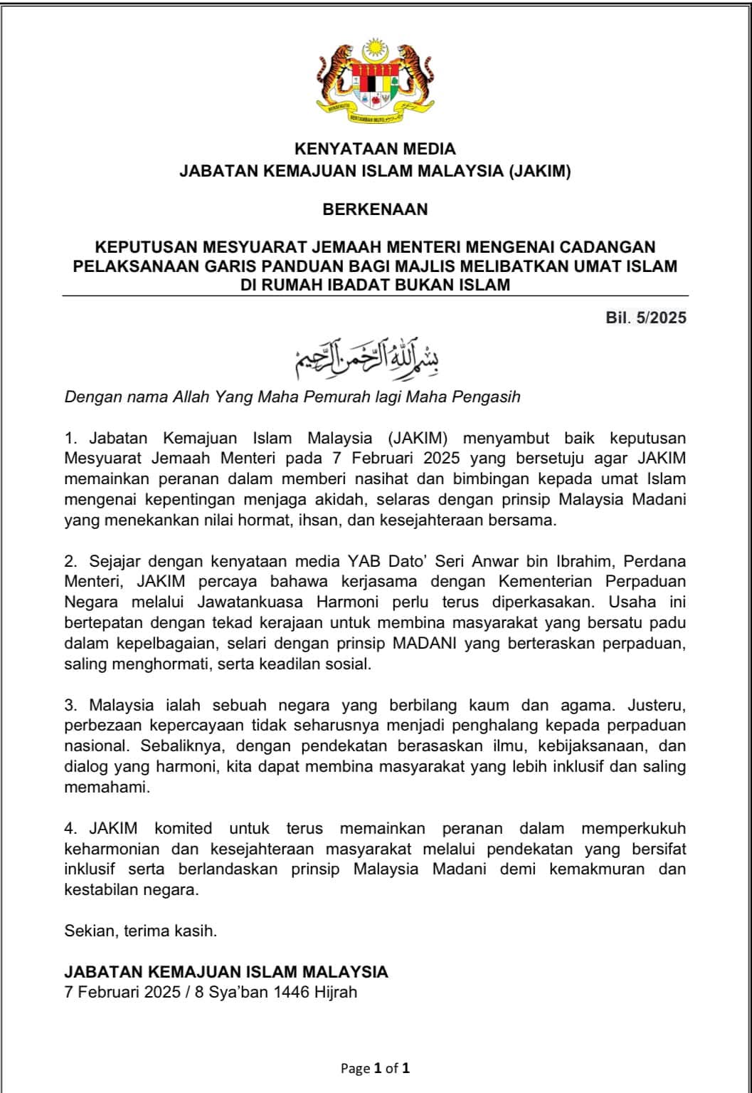 KEPUTUSAN MESYUARAT JEMAAH MENTERI MENGENAI CADANGAN PELAKSANAAN GARIS PANDUAN BAGI MAJLIS MELIBATKAN UMAT ISLAM DI RUMAH IBADAT BUKAN ISLAM